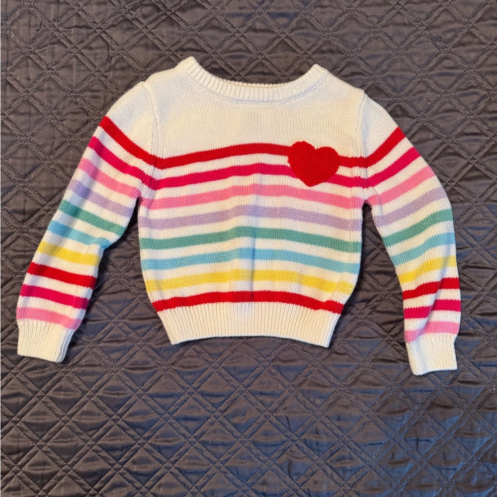 Little Sleepies White Crewneck Sweater with Rainbow Stripes and Red Heart